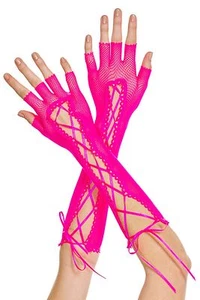 Long Pink Fingerless Fishnet Ribbon Lace Up Gloves Sexy Designer Lingerie P433 - Picture 1 of 4