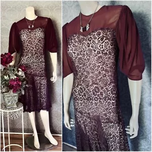 Charming 1930s Plum Silk Lace, Chiffon Occasion Dress, Excellent, Petite, Small - Picture 1 of 9