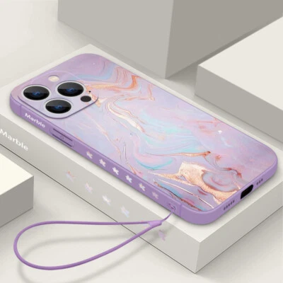 For iPhone 16 15 14 Pro Max 13 12 11 XS 8 7 Plus Marble Lanyard Case TPU Cover - Image 1 of 4