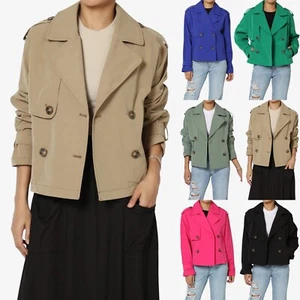 TheMogan Junior's Double Breasted Cropped Trench Jacket Casual Lapel Lightweight - Picture 1 of 44