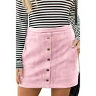 Women's Button Front Faux Suede High Waist A-line Mini Skirt with Pocket