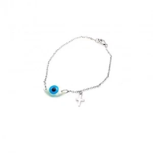 Pulsera con dije de cruz y mal de ojo enchapado en rodio de plata de ley 925 - Imagen 1 de 1