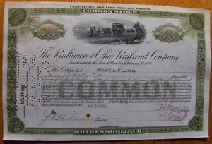 Stock certificate Baltimore & Ohio Railroad Company Payee POST & FLAGG 1932 - Picture 1 of 2