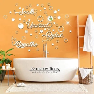60 Pieces 3D Acrylic Mirror Wall Stickers Decor, Bathroom DIY Silver  - Picture 1 of 2