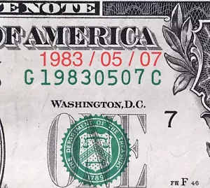 Birthday Note Fancy Serial Number Anniversary Date 1983 / 05 / 07 $1 Dollar Bill - Picture 1 of 3