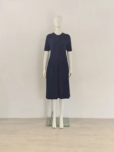 VTG Clothkits Blue Dress UK 10 12 EU 38 40 Shirt Midi Swing Navy Buttons Vintage - Picture 1 of 9