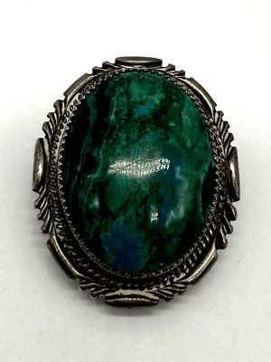 Clip de corbata de cuello Bolo ornamentado piedra verde ovalada plata de ley 925 usado Foto 1 de 4