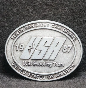 WG07163 COOL VINTAGE 1987 ***U.S. SHOOTING TEAM*** GUN SPORTS PEWTER BELT BUCKLE - Picture 1 of 2