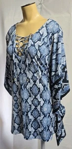 Blusa Top Para Mujer Michael Kors Azul Caftán Serpiente Estampado Animal Con Cordones Talla XL - Imagen 1 de 19