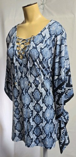 Top blusa donna Michael Kors caftano blu serpente stampa animalier stringata taglia XL