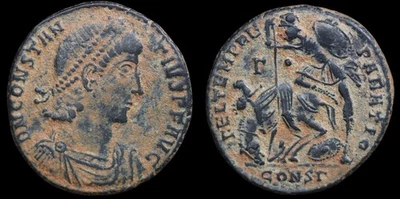 AE3 Constantius II, Soldier & Fallen Horseman, RIC 83, Constantinople. #1272 - Image 1 of 4