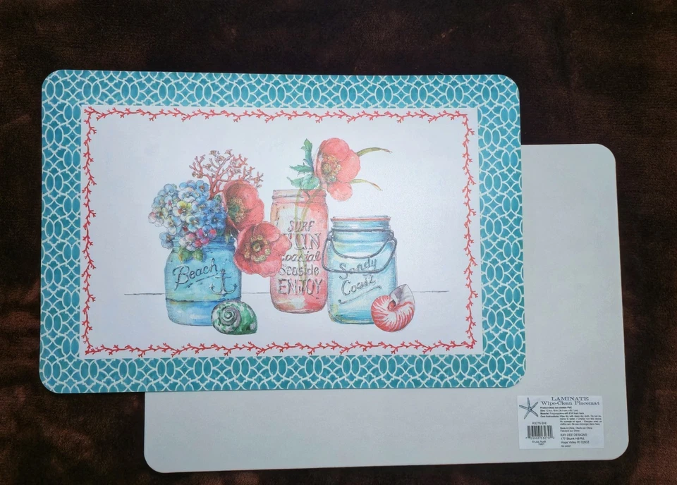 Mason Jars Flowers Placemat Set Beach House Pattern Kay Dee Vinyl Laminated NWT - Image 1 of 1