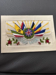 WW1 EMBROIDERED SILK POSTCARD - GOOD LUCK (D) - Picture 1 of 7