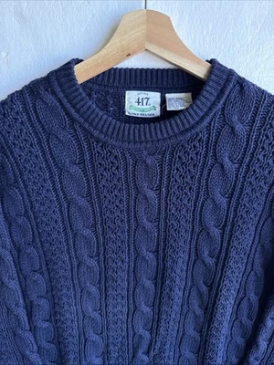 Vintage 417 Van Heusen Cable Knit Sweater Dark Academia Men's Large Navy Preppy - Image 1 of 4