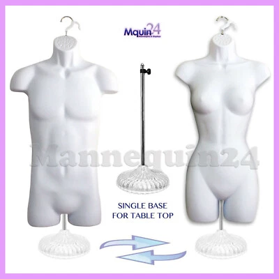 A SET OF MALE & FEMALE MANNEQUIN TORSO DRESS FORMS + 1 STAND + 2 HANGERS  - Image 1 of 4