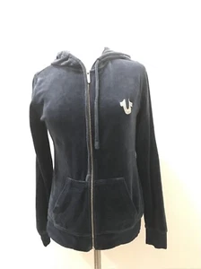 True Religion Brand Jeans Women's Embroidered Blue Velour Hoodie Jacket Medium - Picture 1 of 8