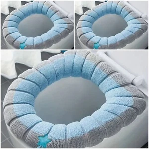 Lot of 3 Blue and Gray Bathroom Toilet Seat Covers Soft Warmer Washable Covers - Picture 1 of 10