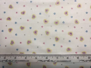 Hearts Pink Blue Yellow Silver on White Fabric Baby Quilt 1 Yard - Picture 1 of 2