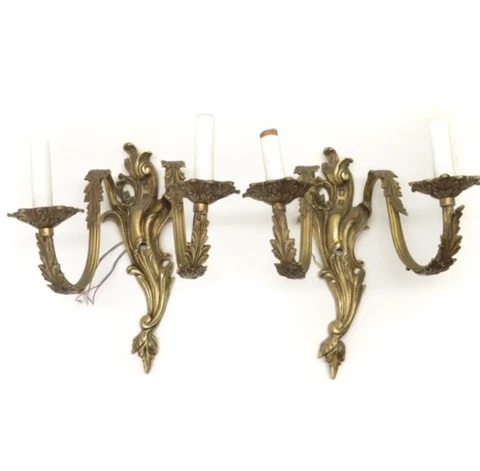 Pair Candelabra Brass Tone Ornate Wall Sconce Electrical Light Fixture Vintage Cover