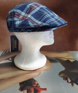 POLO RALPH LAUREN BLUE MADRAS PLAID COTTON MENS CABBIE/DRIVER HAT (SM, L/XL) NWT - Picture 1 of 9