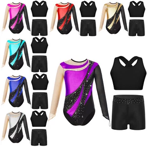 Kids Girls Long Sleeve Leotard Dance Bodysuit Crop Tops Vest with Shorts Set - Picture 1 of 80