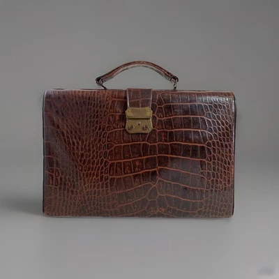 Vintage Moc Croc 1950s Brown Train Case Vanity Case Woman's Briefcase Handbag - Image 1 of 4