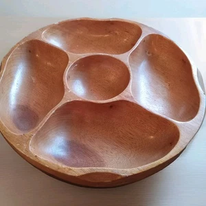 Vintage Carved Wooden Serving Bowl Monkey Pod - 5 Compartments - Picture 1 of 5