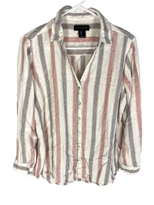 TAHARI 100% Linen Tan Gray Stripe Shirt Button Up Long Sleeve Blouse Large L - Picture 1 of 4
