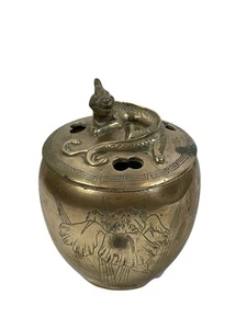 Antiguo quemador de incienso Koro japonés de latón de 13,5 cm con tapa de dragón oriental - Imagen 1 de 17