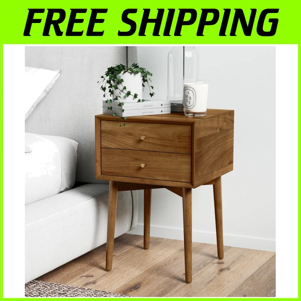Elegante mesita de noche Mid-Century de 2 cajones con detalles de latón - Diseño que ahorra espacio Foto 1 de 4
