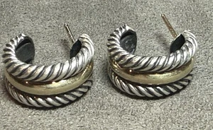 David Yurman Sterling Silver 14K Gold Cable Thoroughbred Hoop Earrings No Backs - Picture 1 of 7