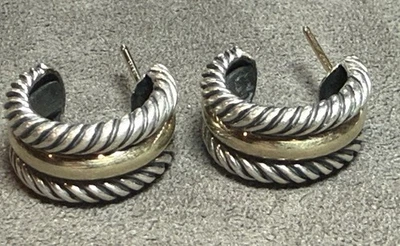 David Yurman Sterling Silver 14K Gold Cable Thoroughbred Hoop Earrings No Backs - Image 1 of 4