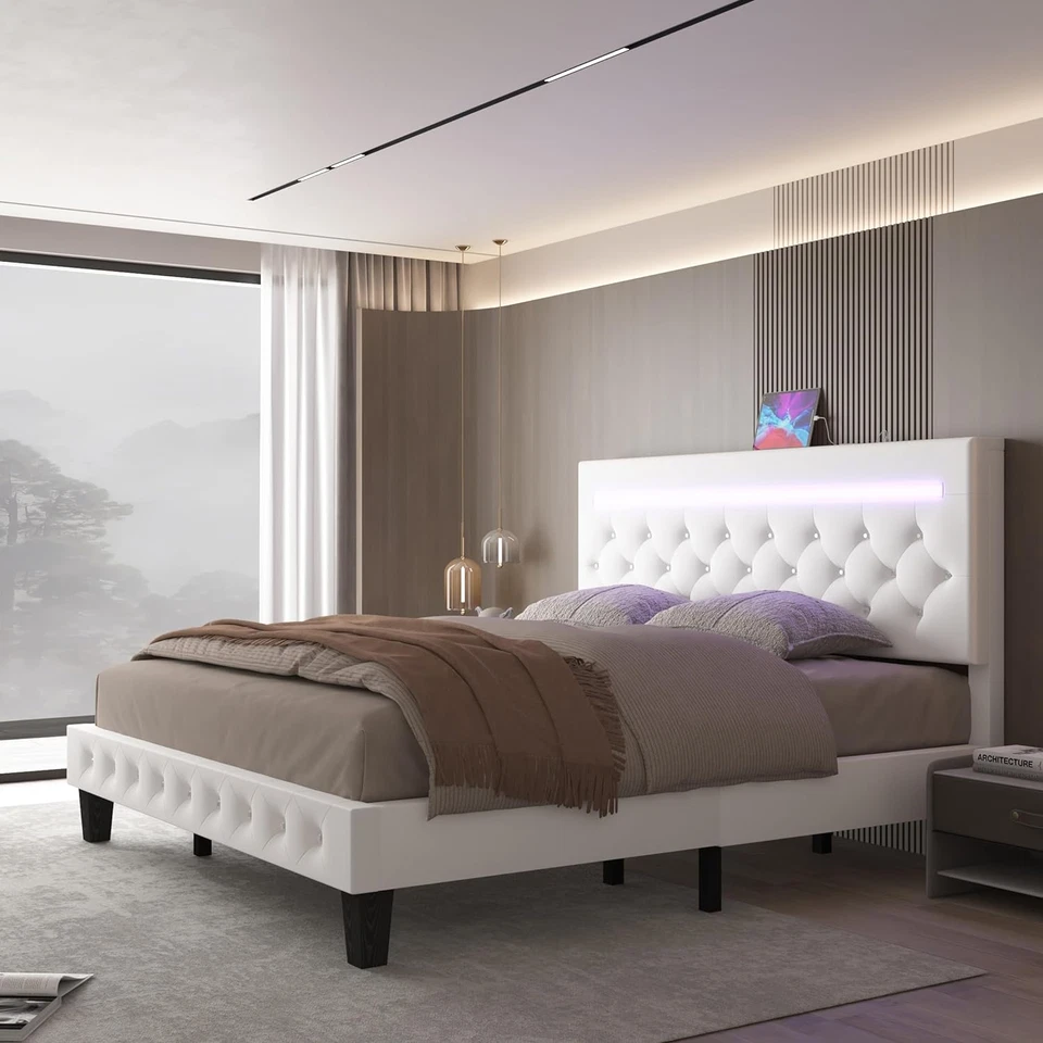 Cama Queen Marco De Cama Plataforma Tapizada Cabecera Base Cama con Luces LED Foto 1 de 4