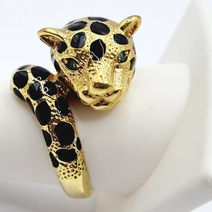 Unique Leopard Wrap Big Cat Enamel Green Crystal Eyes Gold Tone Ring Size 10 - Picture 1 of 22