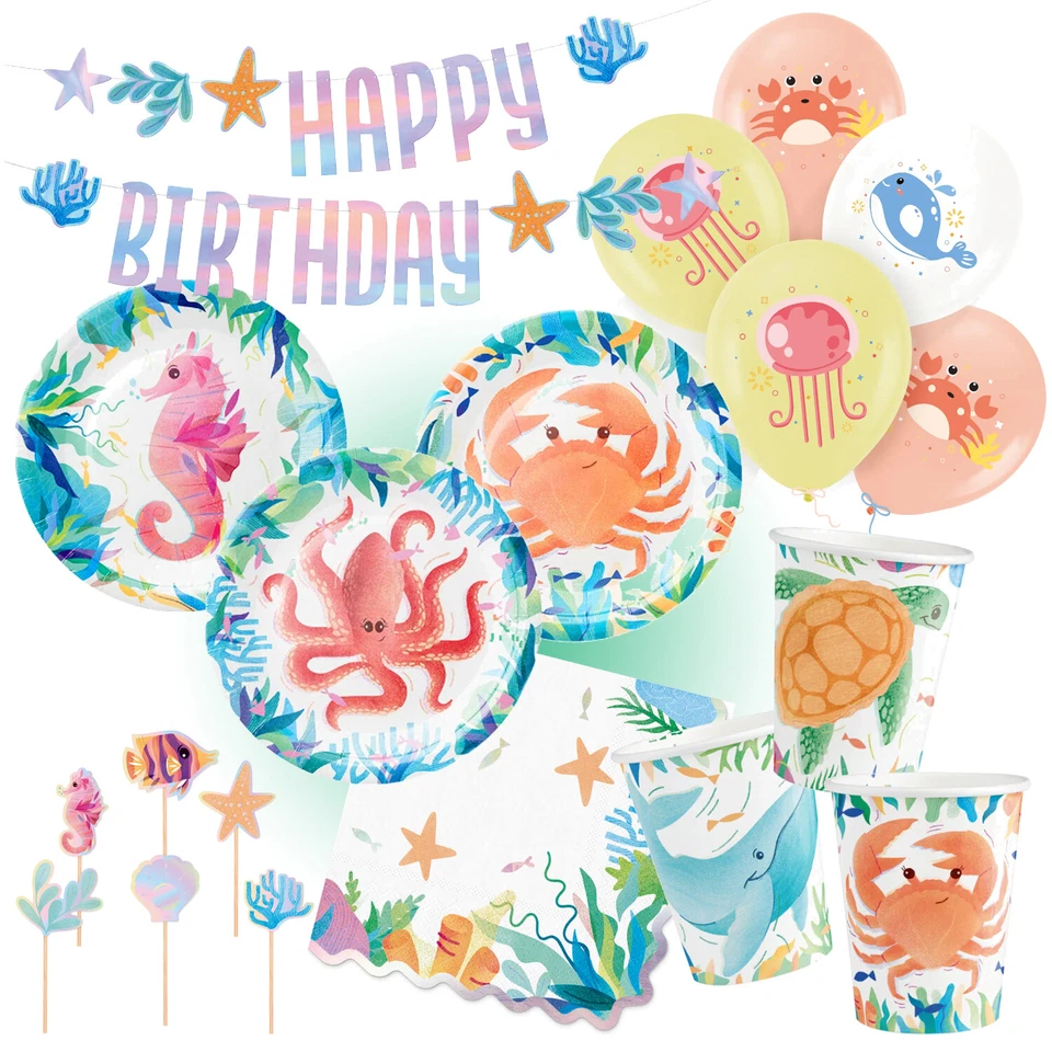 ANIMALI MARINI piatti decorazione oceano mondo sottomarino festa animali marini compleanno set - Immagine 1 di 1