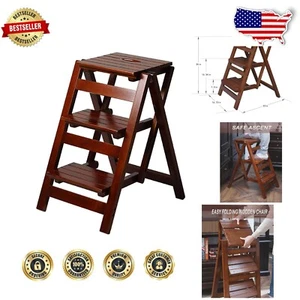 Elegant 3-Step Folding Ladder Stool - Maximum Load 337 lbs, Dark Wood Finish - Picture 1 of 10
