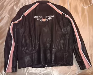 XL Women's Biker Motorcycle Leather Jacket. Black & Pink. Extra Pockets Zip MINT - Picture 1 of 15
