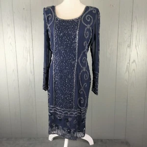 Adrianna Papell Beaded Dress 8 Navy Blue Silk Event Cocktail Ornate Midi Evening - Picture 1 of 13