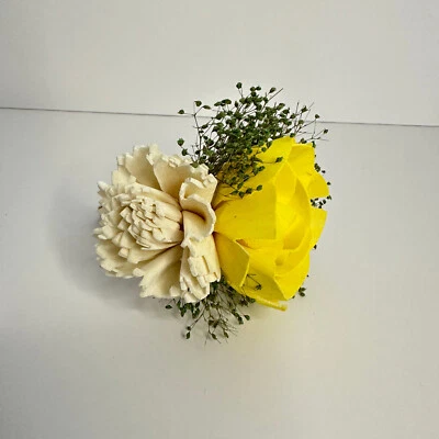 Sola Wood Flowers Boutonniere Yellow and Ivory Flowers Wedding Groom Prom - Image 1 of 4