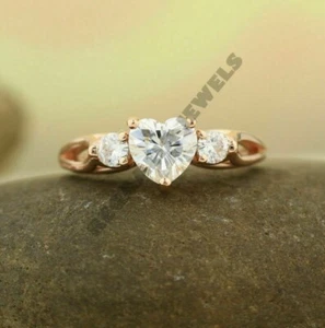 14K White Gold Over Round& Heart Cut Diamond Three-Stone Engagement Wedding Ring - Picture 1 of 1