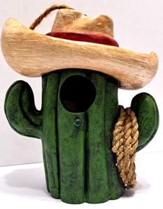 CACTUS Cowboy BIRDHOUSE - Green - with HAT & Rope - VINTAGE - Resin - Picture 1 of 12