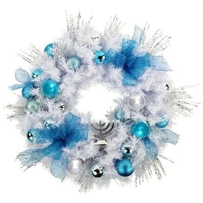 Northlight 24" Pre-Decorated Menorah Artificial White Pine Hanukkah Wreath - Image 1 of 4