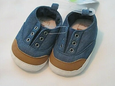 NEW SIZE 0-3 MO. CARTER'S BABY BOY'S SLIP-ON BROWN & JEAN BLUE CRIB SHOES - Image 1 of 4