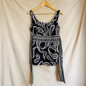 Top blusa senza maniche 100% pura seta cami camicetta paisley fiocco lungo lusso raro - Foto 1 di 8