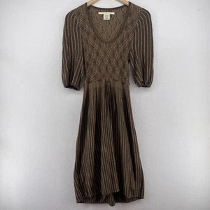 STUDIO M Dress Size M Sweater Knit Striped Scoop Neck Puff Sleeves Brown - Picture 1 of 12