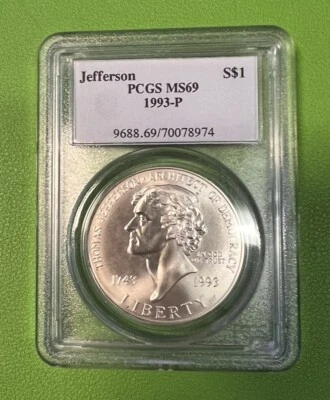 1993-P Jefferson Silver Commemorative Dollar MS69 PCGS Mint State 69 - Image 1 of 4