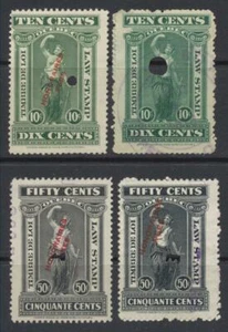 Estampillas de la ley de Quebec de 1912 (4) 10c (verde) y 50c (gris) "tarifas de honor" - Imagen 1 de 5
