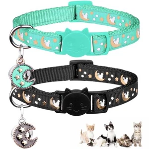 2PCS Breakaway Cat Collars Adjustable Bell Black & Teal Boy & Girl Kittens - Picture 1 of 7