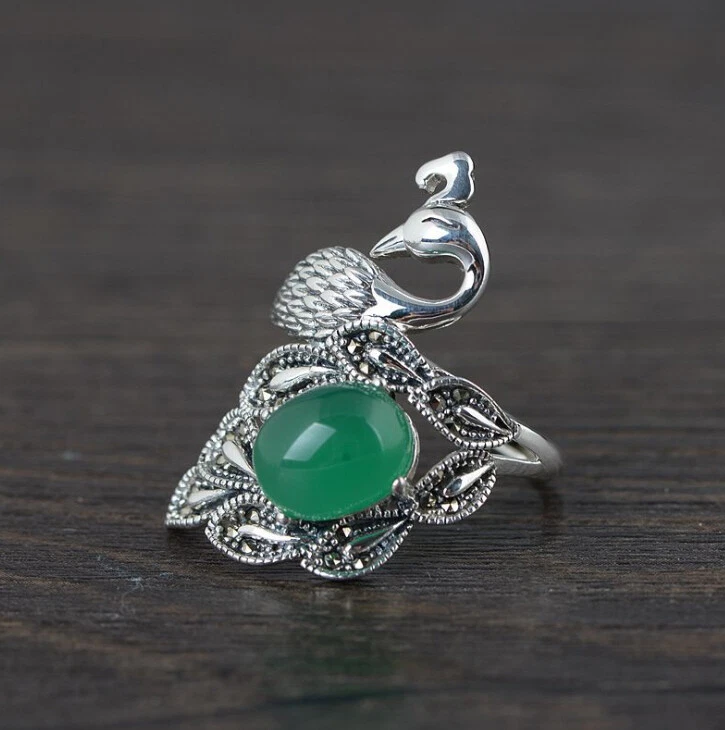 I05 Anello Pfau Argento Sterling 925 Verde Calcedonio Misura Regolabile - Immagine 1 di 1