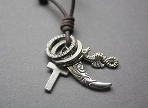 NEW Leather Men's Hemp Metal Surfer Necklace Choker - Picture 1 of 2